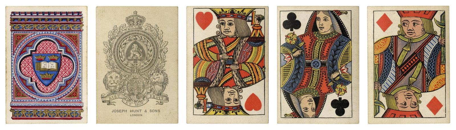 Joseph Hunt & Sons Playing Cards. London, 1870s. 52.: Joseph Hunt & Sons Playing Cards. London, 1870s. 52. Decorative backs with a shield containing an open book. Ace of Spades is elaborately decorated with a lion and unicorn on either side of a crest wi