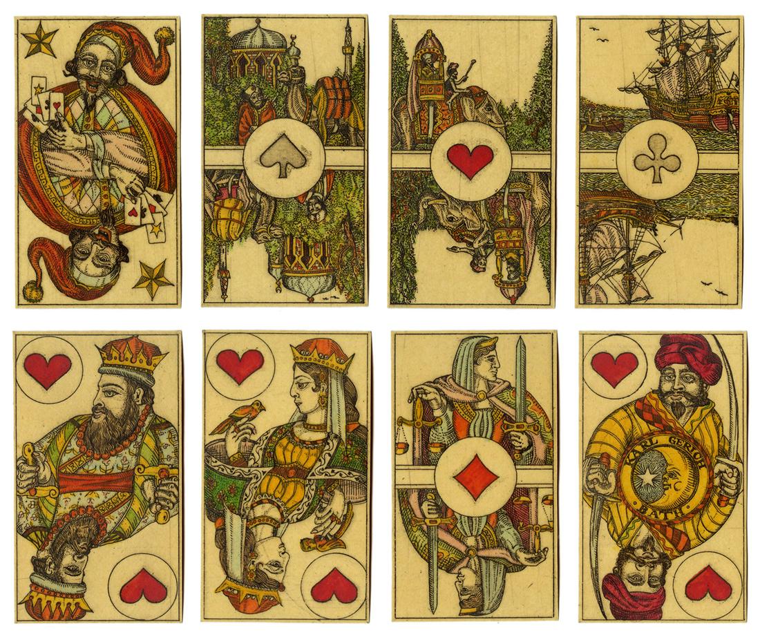 Karl Gerich Four Corners Playing Cards. Bath, 1984.: Karl Gerich Four Corners Playing Cards. Bath, 1984. 52+J+OB. Double-ended derivation of Dondorf’s Four Corners of the Earth pack. Courts depict exotically dressed figures from across the globe. 