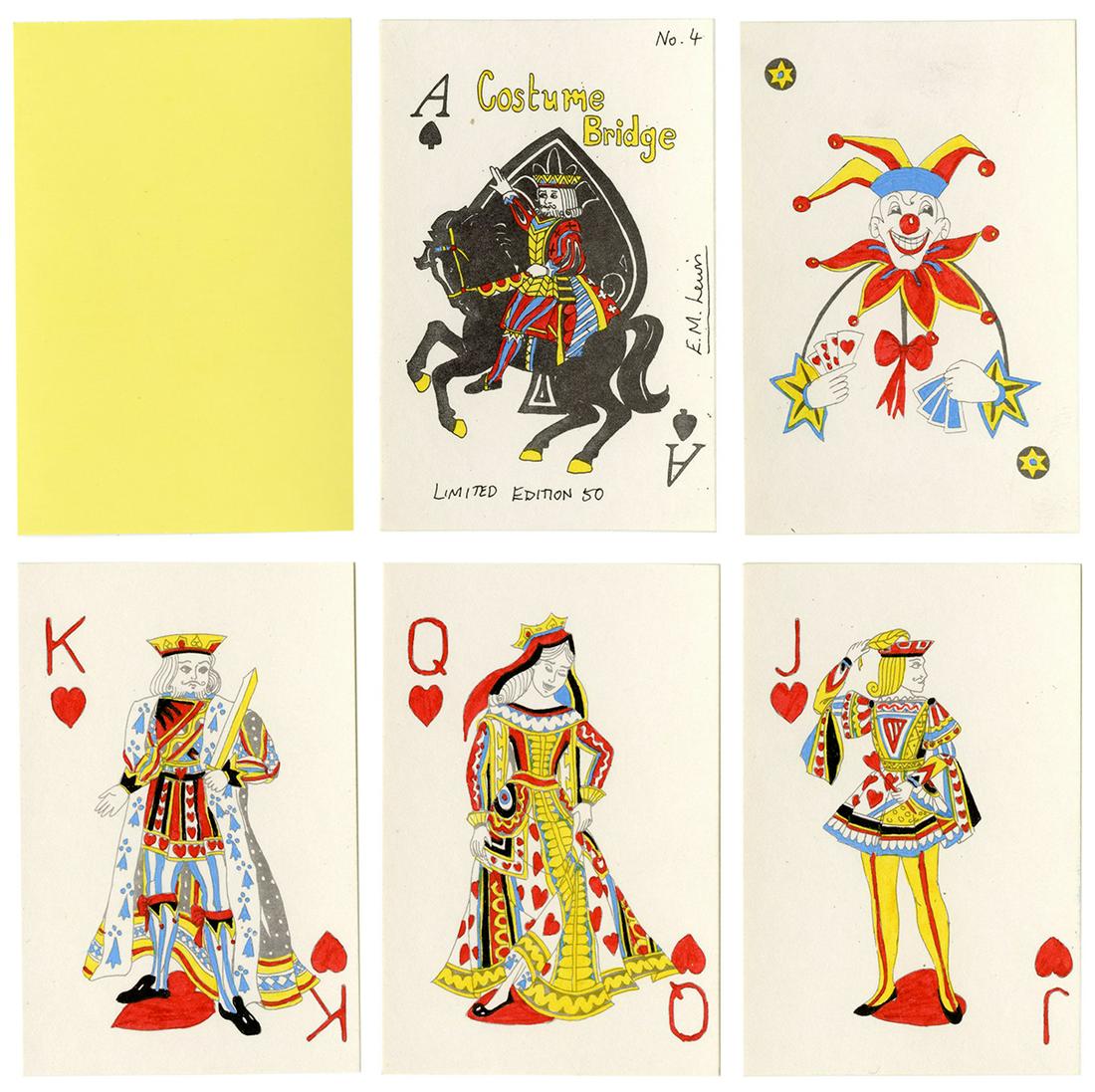Elaine Lewis Costume Bridge Playing Cards. Bradford,: Elaine Lewis Costume Bridge Playing Cards. Bradford, England, 1991. 52 + 3J + OB. Number 4 from an edition of 50 packs. Signed on the Ace of Spades. Lewis’s fourth pack of cards. With one colore