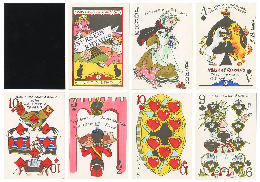 Elaine Lewis Nursery Rhymes Transformation Playing: Elaine Lewis Nursery Rhymes Transformation Playing Cards. Bradford, England, 1999. 52 + J + limitation/title card + OB. Number 1 from an edition of 50, signed by Lewis on the Ace of Spades. Hand-color