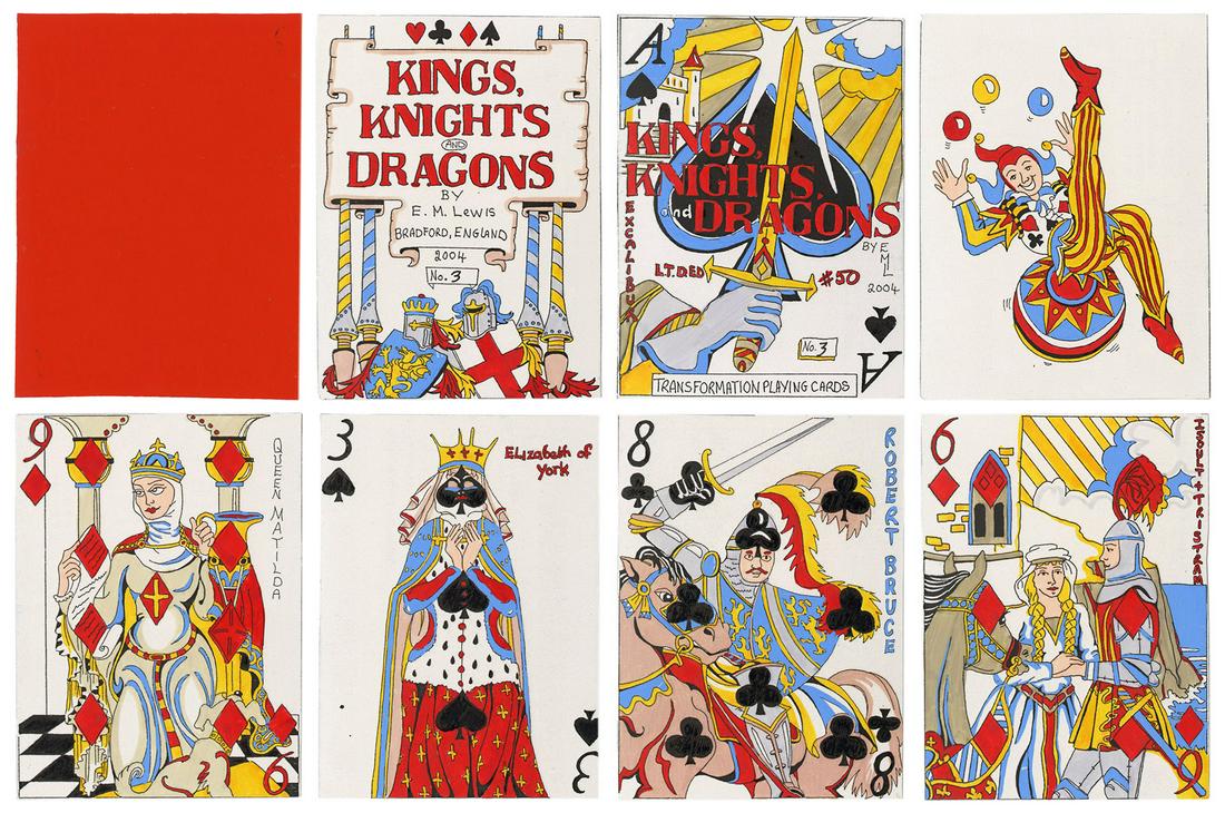 Elaine Lewis Kings, Knights & Dragons Transformation: Elaine Lewis Kings, Knights & Dragons Transformation Playing Cards. Bradford, England, 2004. 52 + J + title card + OB. Number 3 from an edition of 50 packs. With Arthurian transformation designs.