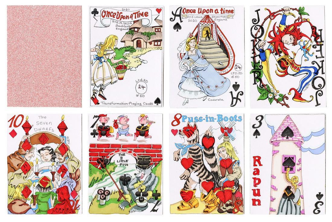 Elaine Lewis Once Upon a Time Transformation Playing: Elaine Lewis Once Upon a Time Transformation Playing Cards. Bradford, England, 2020. 52 + J + OB. Number 24 of 50 packs. Transformation designs based on fairy tales such as Cinderella, Beauty and the