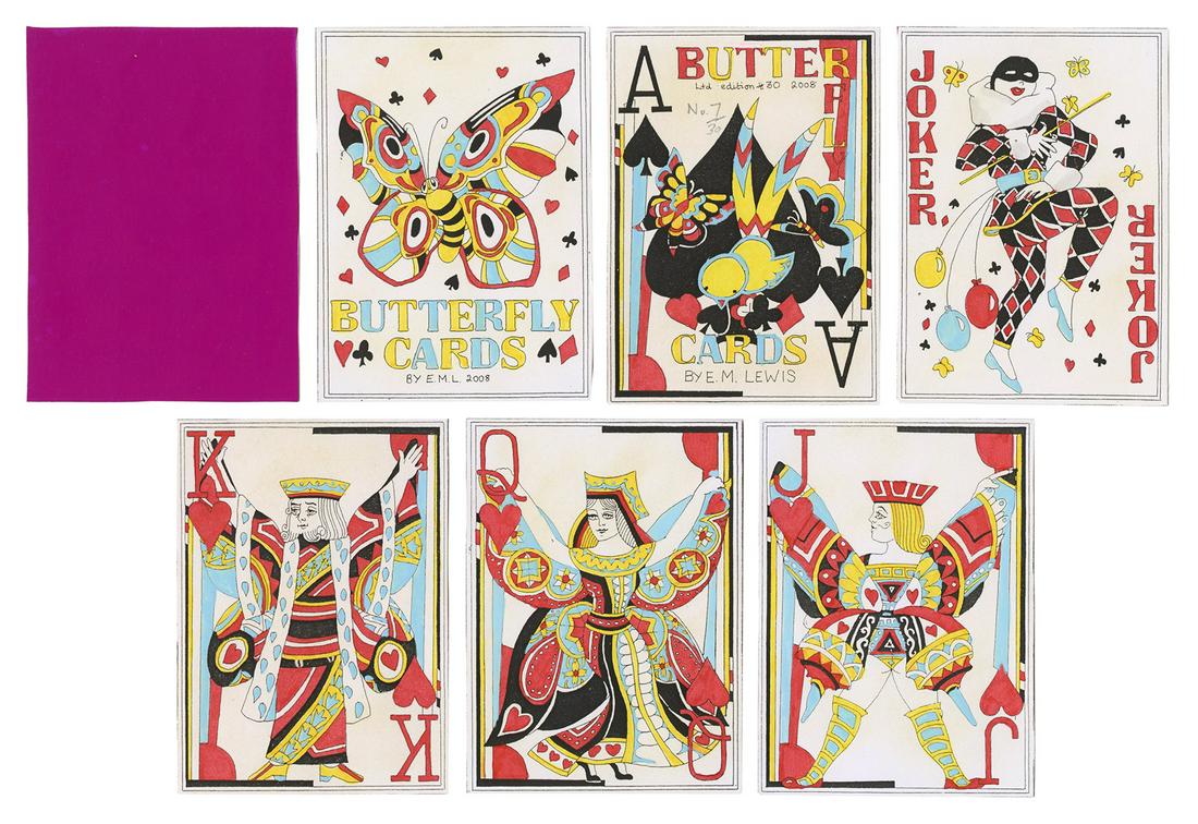 Elaine Lewis Butterfly Transformation Playing Cards.: Elaine Lewis Butterfly Transformation Playing Cards. Bradford, England, 2008. 32 (A, K, Q, J, 10-7) + 2J + OB. Number 7 from an edition of 30 packs. Transformation designs employing butterfly and butt