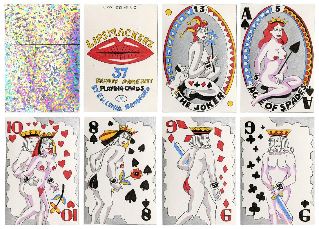 Elaine Lewis Lipsmackerz Erotic Playing Cards.: Elaine Lewis Lipsmackerz Erotic Playing Cards. Bradford, England, 2000. 32 (A, K, Q, J, 10-7) + 2J + title/limitation card + OB. Number 7 of an edition of 40. A deck of “beauty pageant” ca