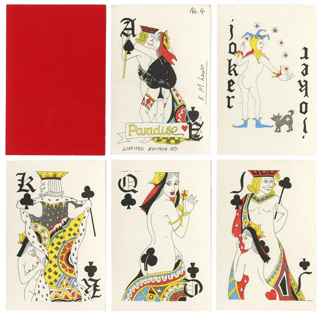 Elaine Lewis Paradise Erotic Playing Cards. Bradford,: Elaine Lewis Paradise Erotic Playing Cards. Bradford, England, 1991. 52 + 3J + OB. Number 4 from an edition of 50, signed on the Ace of Spades. Lewis’s second deck and first erotic deck.