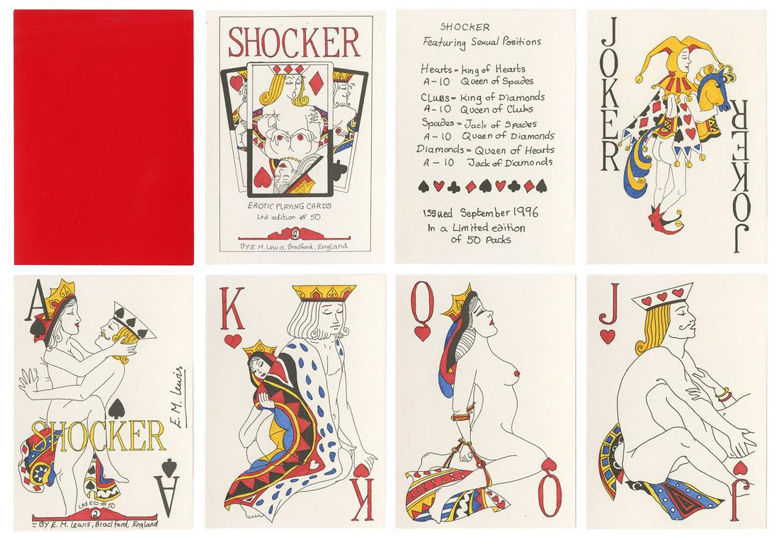 Elaine Lewis Shocker Erotic Playing Cards. Bradford,: Elaine Lewis Shocker Erotic Playing Cards. Bradford, England, 1996. 52 + J + title/limitation card + OB. Number 2 of an edition of 50, signed on the Ace of Spades, numbered on the AS and limitation ca