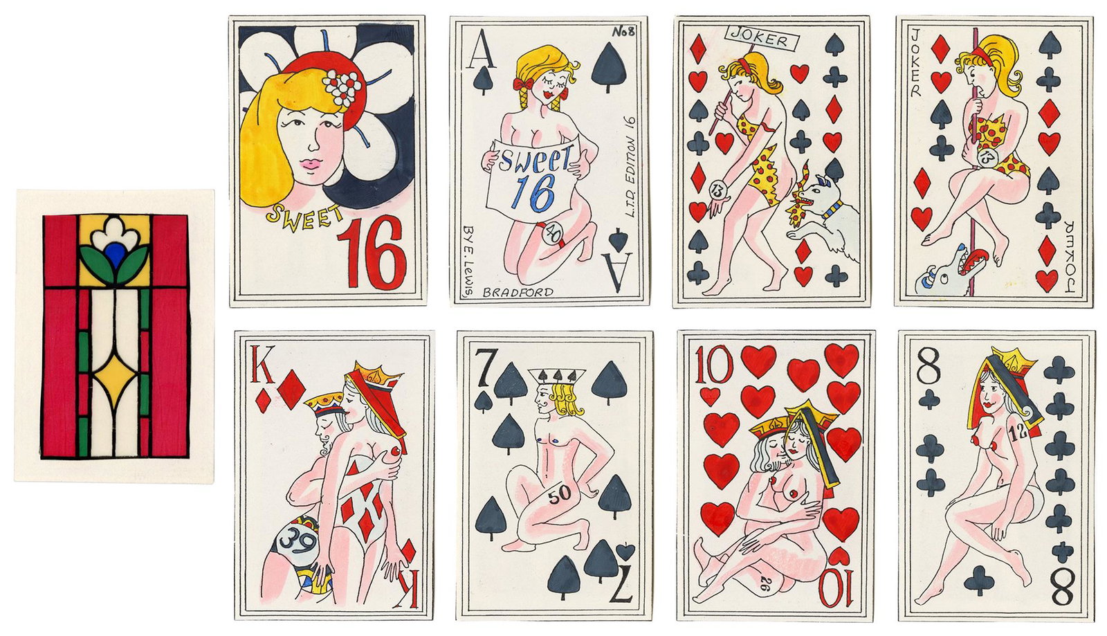 Elaine Lewis Sweet 16 Erotic Playing Cards. Bradford,: Elaine Lewis Sweet 16 Erotic Playing Cards. Bradford, England, 1998. 32 (A, K, Q, J, 10-7) + 2J + EC + OB. Number 6 from an edition of 16 packs. A different erotic illustration, mostly of the courts, 