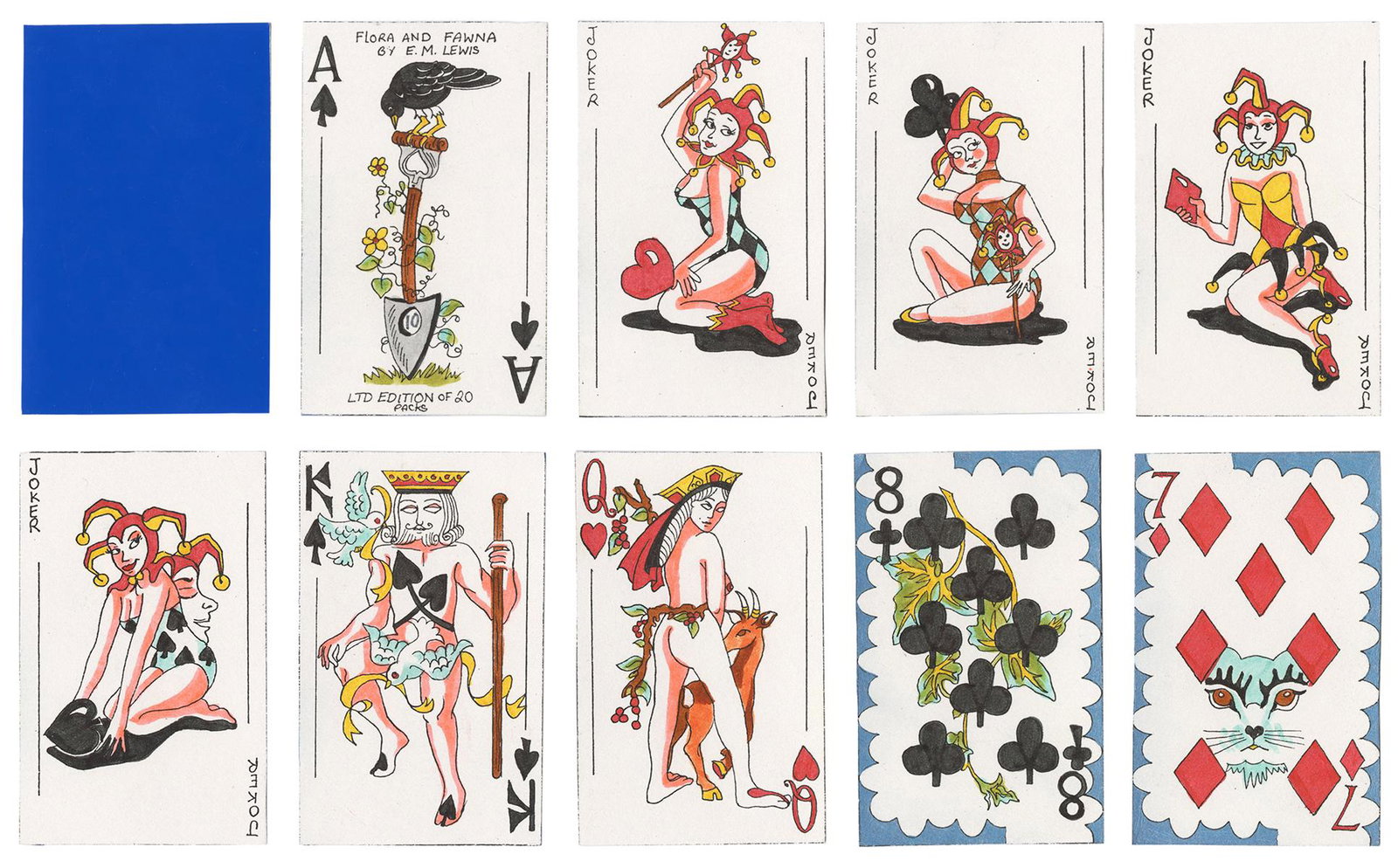 Elaine Lewis Flora and Fawna Playing Cards. Bradford,: Elaine Lewis Flora and Fawna Playing Cards. Bradford, England, 1999. 32 (A, K, Q, J, 10-7) + 4J + OB. From an edition of 20 packs. Erotic and risqué illustrations of the courts, animals, and flor