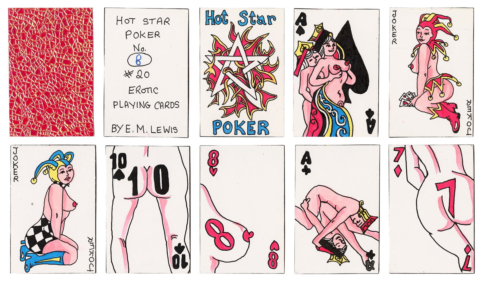 Elaine Lewis Hot Star Poker Erotic Playing Cards.: Elaine Lewis Hot Star Poker Erotic Playing Cards. Bradford, England, 2005. 32 (A, K, Q, J, 10-7) +2J + title card + limitation card + OB. Number 8 of an edition of 20. Erotic illustrations of the cour