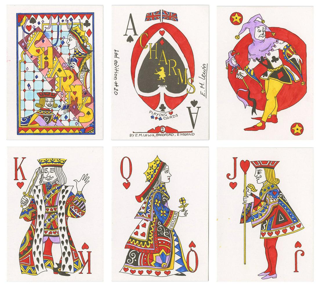 Elaine Lewis Charms Playing Cards. Bradford, England,: Elaine Lewis Charms Playing Cards. Bradford, England, 1997. 52 + 2J + 2 title cards + OB. Number 2 from an edition of 20, signed on the Ace of Spades. Includes hand-colored and uncolored versions of t
