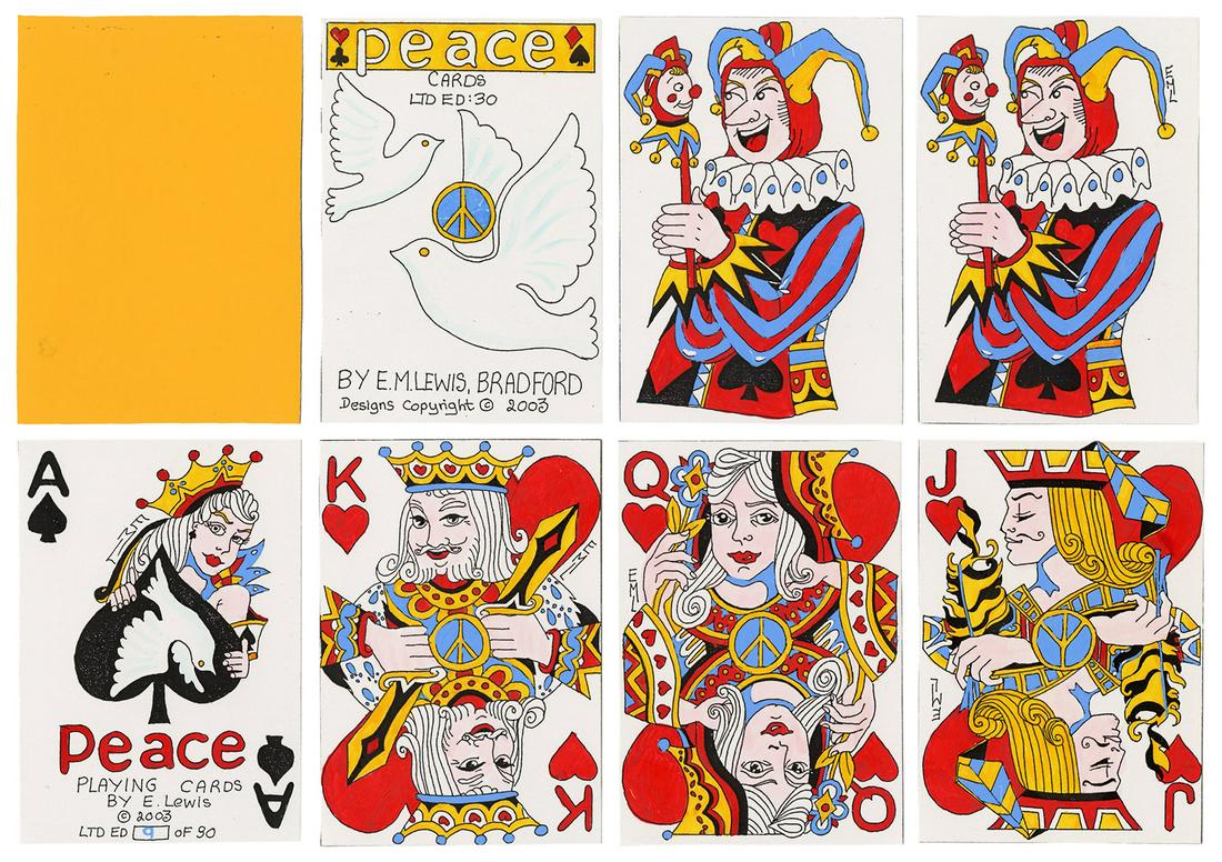 Elaine Lewis Peace Playing Cards. Bradford, England,: Elaine Lewis Peace Playing Cards. Bradford, England, 2003. 32 (A, K, Q, J, 10-7) +2J + title/limitation card + OB. Number 9 from an edition of 30. Designs employ doves and the peace symbol throughout.