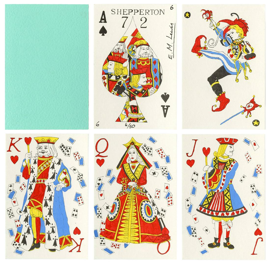 Elaine Lewis Shepperton 72 Playing Cards. Bradford,: Elaine Lewis Shepperton 72 Playing Cards. Bradford, England, 1992. 52 + 2J + OB. Number 6 from an edition of 50, signed on the Ace of Spades. Lewis’s sixth deck.