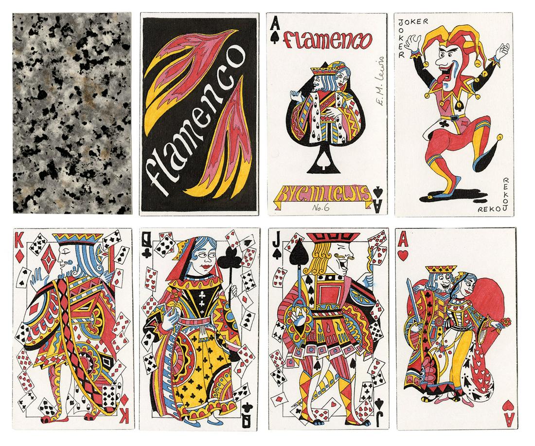 Elaine Lewis Flamenco Playing Cards. Bradford, England,: Elaine Lewis Flamenco Playing Cards. Bradford, England, 1999. 32 (A, K, Q, J, 10-7) + 2J + title card. Number 6 from an unstated edition (but 30 according to the artist’s website).