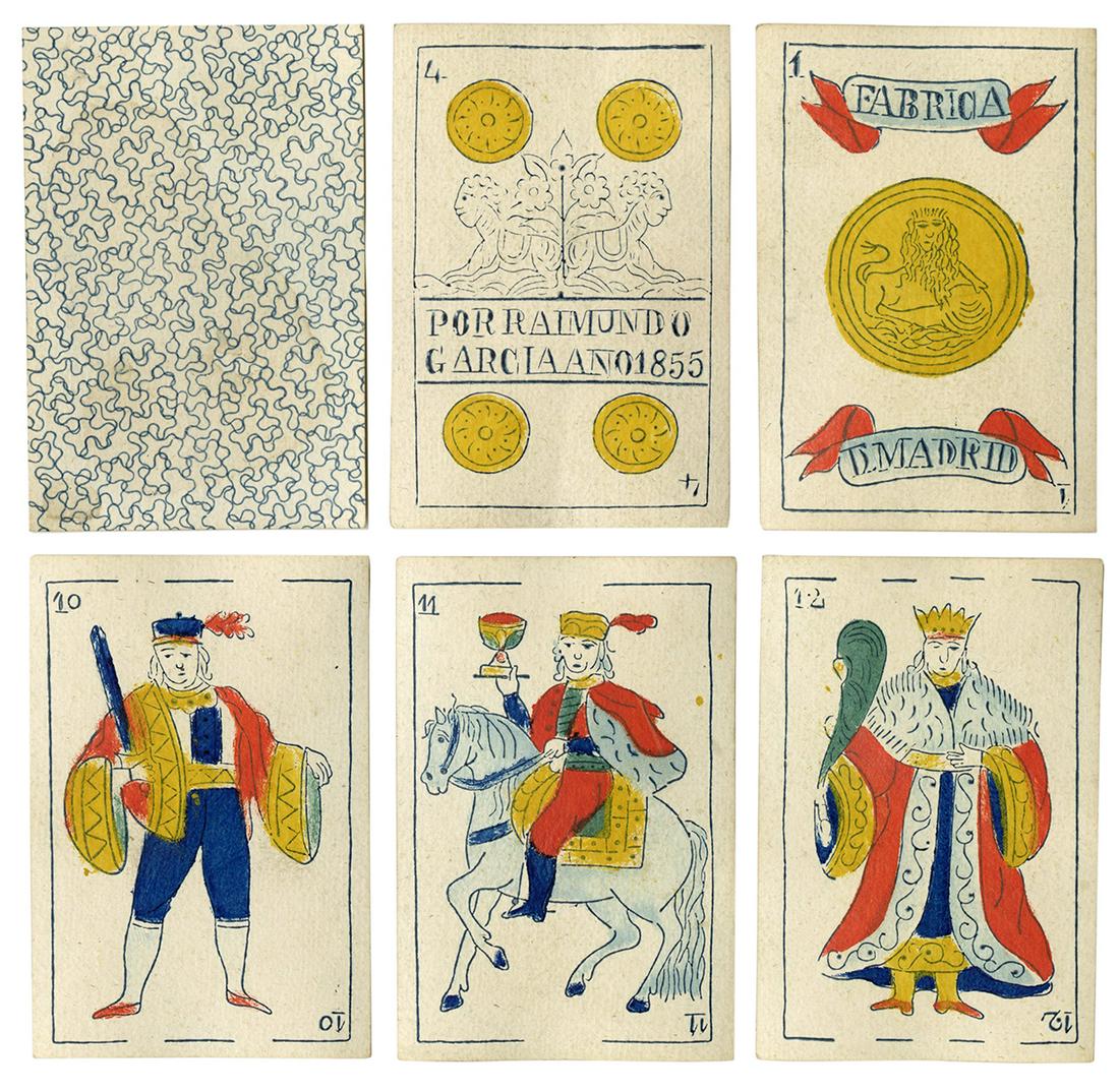 [SPAIN]. A 19th Century Spanish Deck of Playing Cards.: [SPAIN]. A 19th Century Spanish Deck of Playing Cards. Madrid: Garcia, 1855. 48/48. Spanish suit system (swords, clubs, coins, cups). Block-printed with color stenciling. 3 ¾ x 2 3/8”. Late