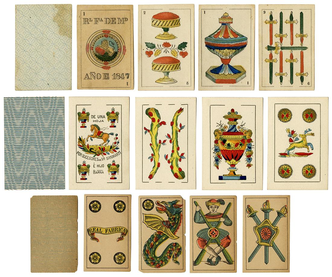 Trio of Spanish Packs of Playing Cards. Wood-engraved: Trio of Spanish Packs of Playing Cards. Wood-engraved playing cards with stenciled coloring, the first deck with a four of Cups with a horse device and printer’s lettering: “De una hoja/po