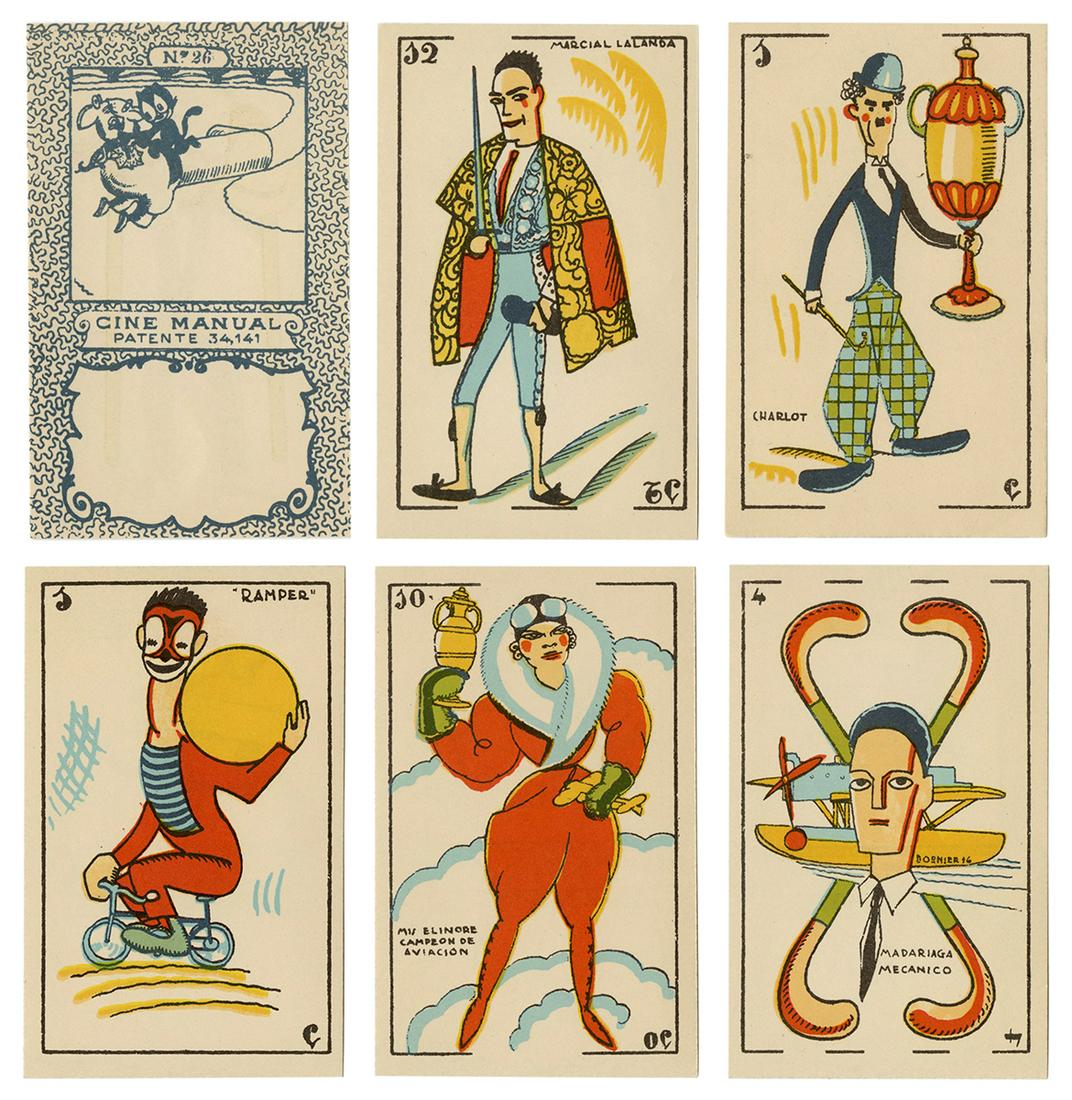 Graficas Valencia “Cine Manual” Playing: Graficas Valencia “Cine Manual” Playing Cards. Spain, ca. 1927. 48 (complete). Lithographed Art Deco designs feature movie stars such as Charlie Chaplin, aviators, sports figures, and othe