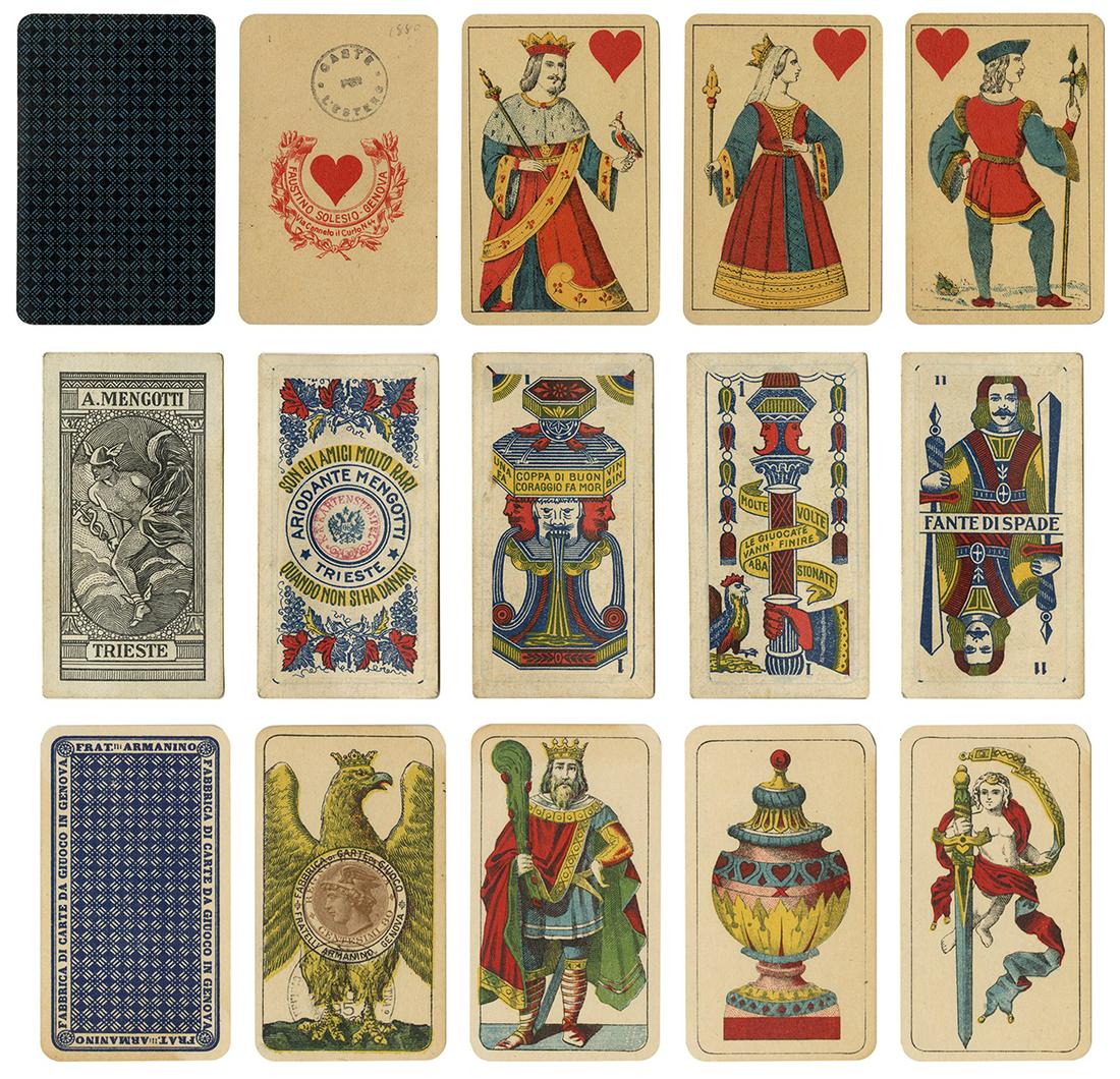 Trio of Italian Packs of Playing Cards. Including: Trio of Italian Packs of Playing Cards. Including Fratelli Armanino playing cards (40 + OB [worn]), Genova, ca. 1890s; Ariodante Mengotti playing cards (32), Trieste, ca. 1880s/90s; and Faustino Soles