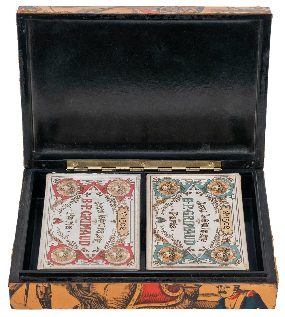 B.P. Grimaud Jeu Louis XV No. 1502 Double Deck Playing: B.P. Grimaud Jeu Louis XV No. 1502 Double Deck Playing Cards in Military Gaming Box. Paris, ca. 1895. Two decks, blue and red backs, 53 cards each (the red deck sealed in inner wrapper), with sparklin