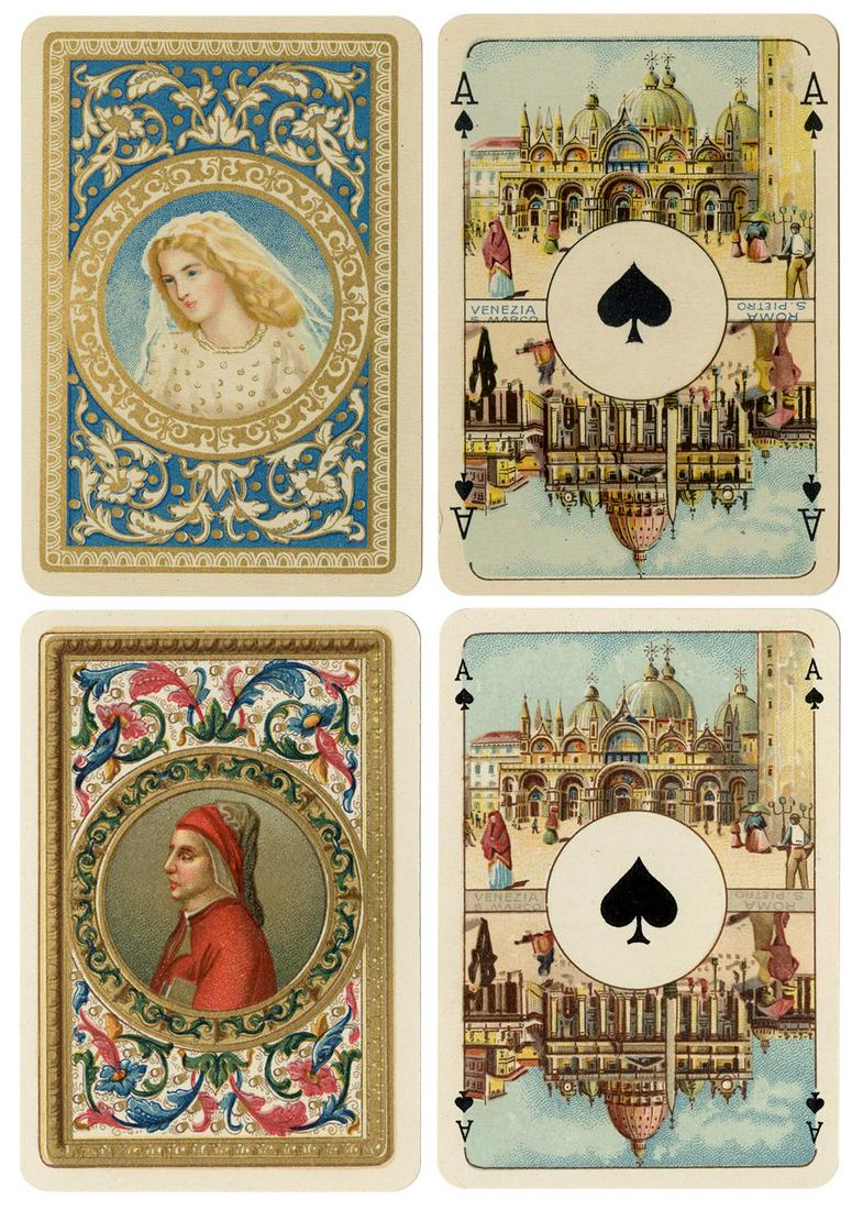 Piatnik “Finissime Whist No. 190” (aka: Piatnik “Finissime Whist No. 190” (aka “Dante and Beatrice”) Italia Secolo XIII Playing Cards. Vienna, ca. 1923. Two decks, 52 + J + EC + OB. Color chromolithograph deck celebr