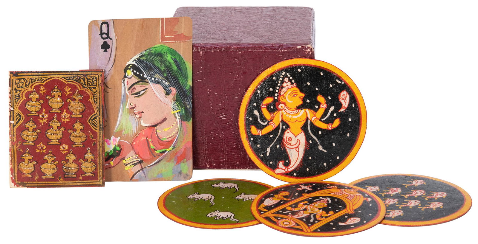 [INDIA]. A group of Indian playing cards. Including a: [INDIA]. A group of Indian playing cards. Including a deck of 96 hand-painted and coated circular cards (diam. 2 5/8”), in a paper-covered box; a hand-painted single sandalwood Queen of Spades c