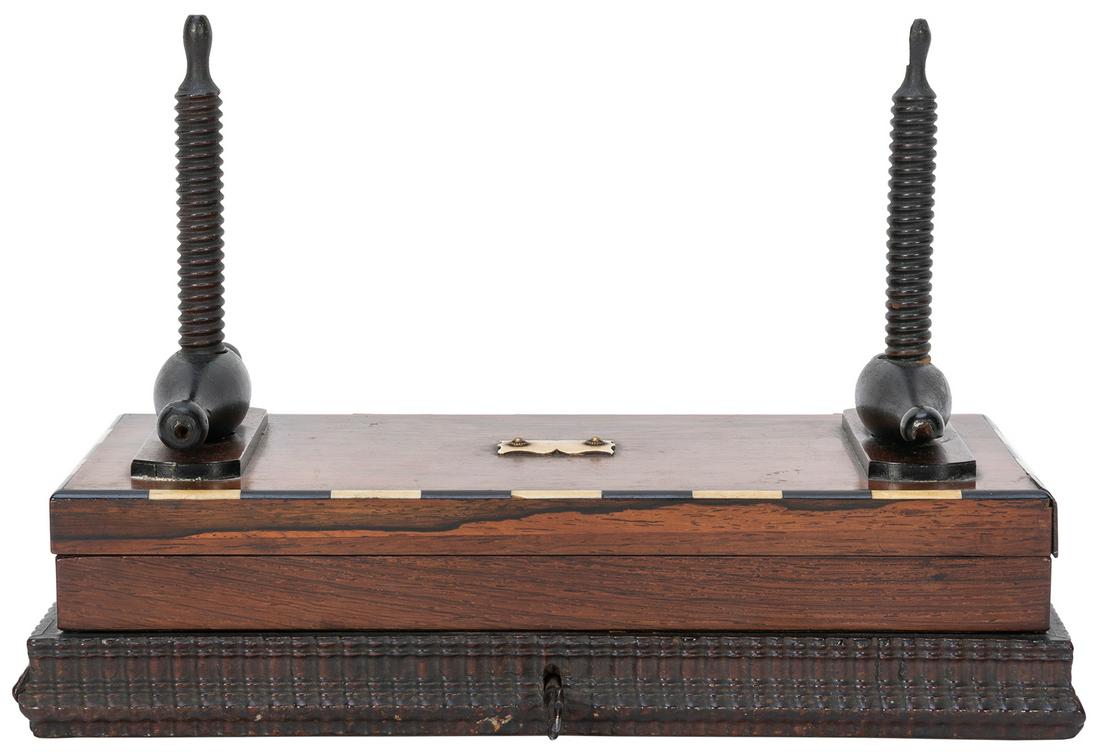 Antique Mother of Pearl Gaming Set in Locking Card: Antique Mother of Pearl Gaming Set in Locking Card Press Box. 19th century. Hardwood box with bone and ebony detail, having a locked compartment of four trays holding a total of 136 mother of pearl Ch
