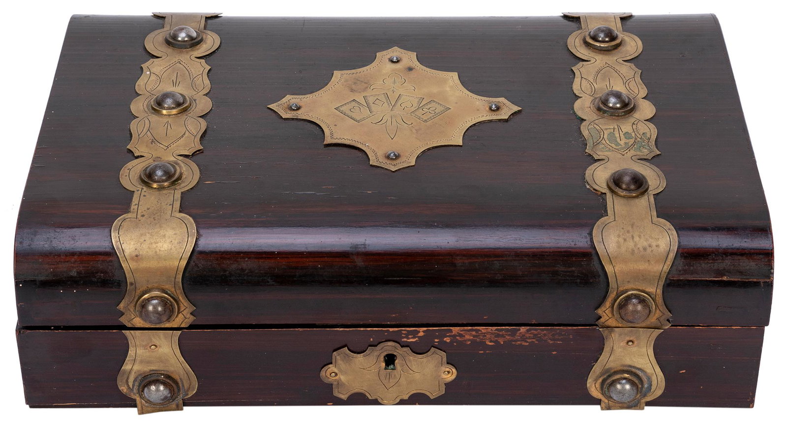 Cased Mother of Pearl gaming chip set. 19th century.: Cased Mother of Pearl gaming chip set. 19th century. Wood case with brass fittings and an etched image of a suit of cards on the center piece. Inside are four boxes, each marked with a brass heart, di