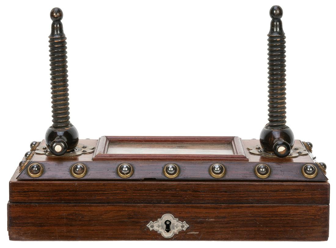 Antique Bone Gaming Set in Locking Card Press Box. 19th: Antique Bone Gaming Set in Locking Card Press Box. 19th century. The lid having floral needlepoint under glass, with brass and metal studs around frame. Locking compartment with rectangular and round 