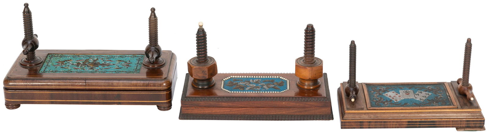 Trio of Antique Card Presses with Needlepoint. 19th: Trio of Antique Card Presses with Needlepoint. 19th century. Two-screw hardwood card presses with needlepoint designs to upper platens, including a playing card design and two floral motifs. Length of