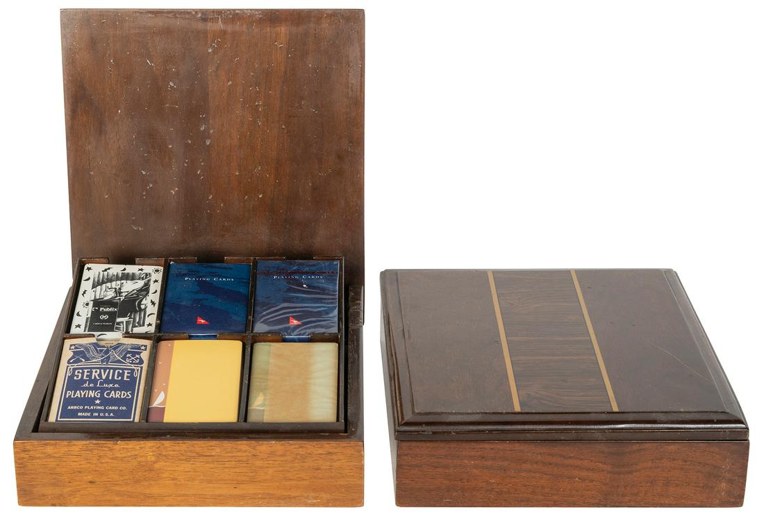 Pair of Inlaid Wooden Playing Card Deck Cases. Two: Pair of Inlaid Wooden Playing Card Deck Cases. Two square inlaid hinged wooden storage boxes, each with a six-deck capacity for narrow or bridge-sized cards. As the lid is lifted, the rack lifts up at