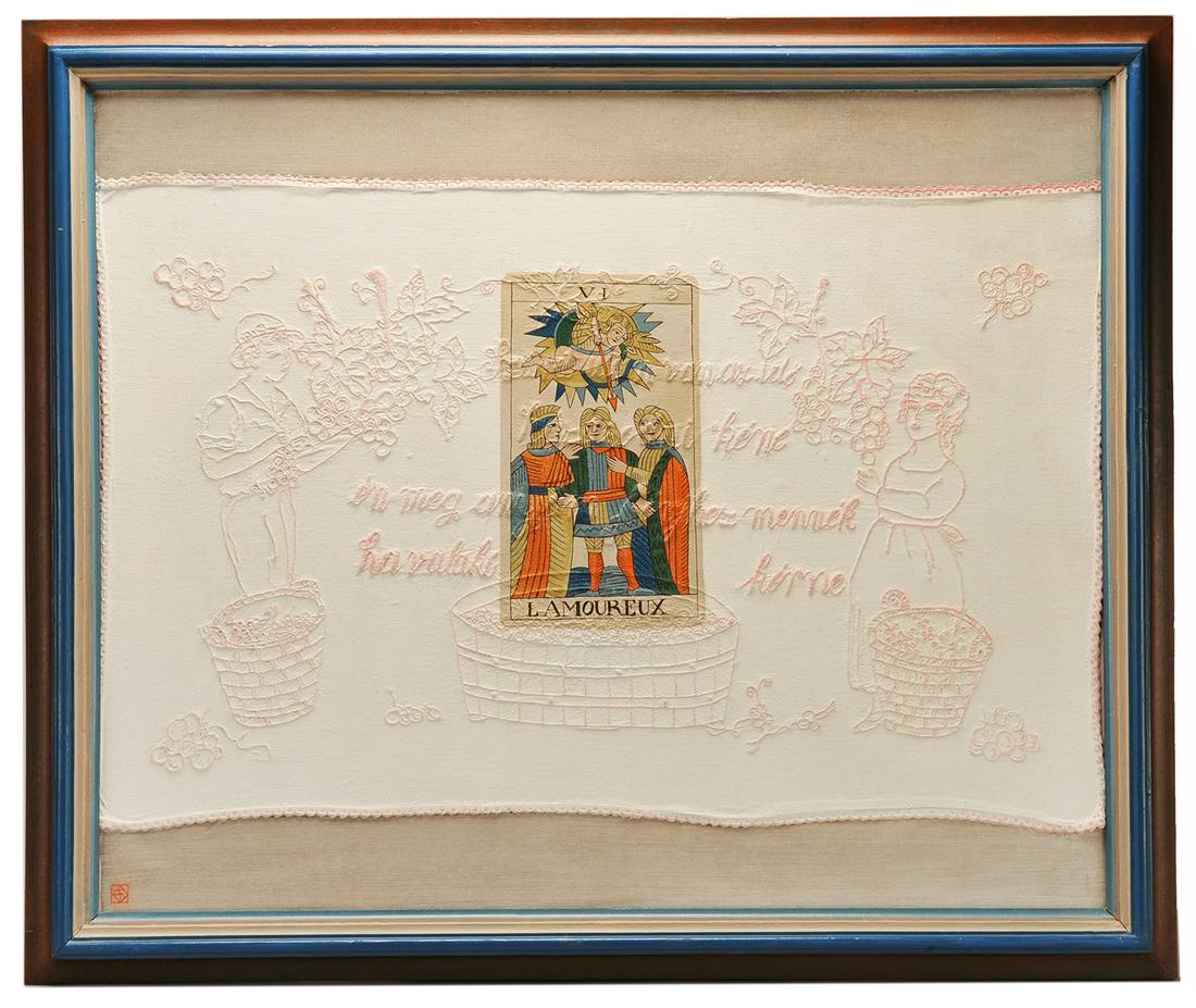 GYORGY, Szemadam (Hungarian, 20th century). L AMOUREUX.: GYORGY, Szemadam (Hungarian, 20th century). L AMOUREUX. Budapest, 1997. Number VI Tarot card painted on an embroidered mat showing a young couple falling in love, picking grapes for wine. Framed, 37 x