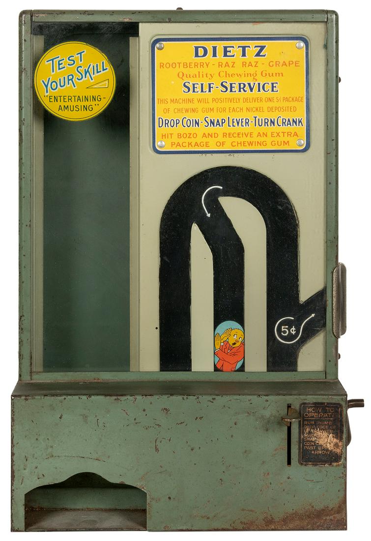 Andrew T. Dietz 5 Cent Self Service Skill and Gum: Andrew T. Dietz 5 Cent Self Service Skill and Gum Vendor. Circa 1926. Dispensed various flavors of gum including Rootberry, Raz Raz and Grape. Height, 14”. Crank, lever and coin entry rusty. Key