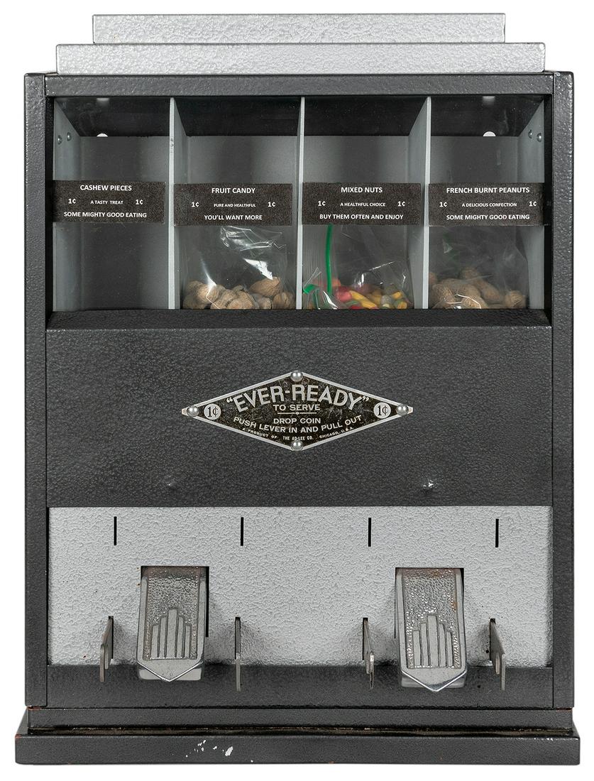 Ever-Ready 1 Cent Machine. Ad-Lee Novelty Co., 1937.: Ever-Ready 1 Cent Machine. Ad-Lee Novelty Co., 1937. Four compartment penny vendor in Art Deco style. Height 20”. Not tested. Key included.