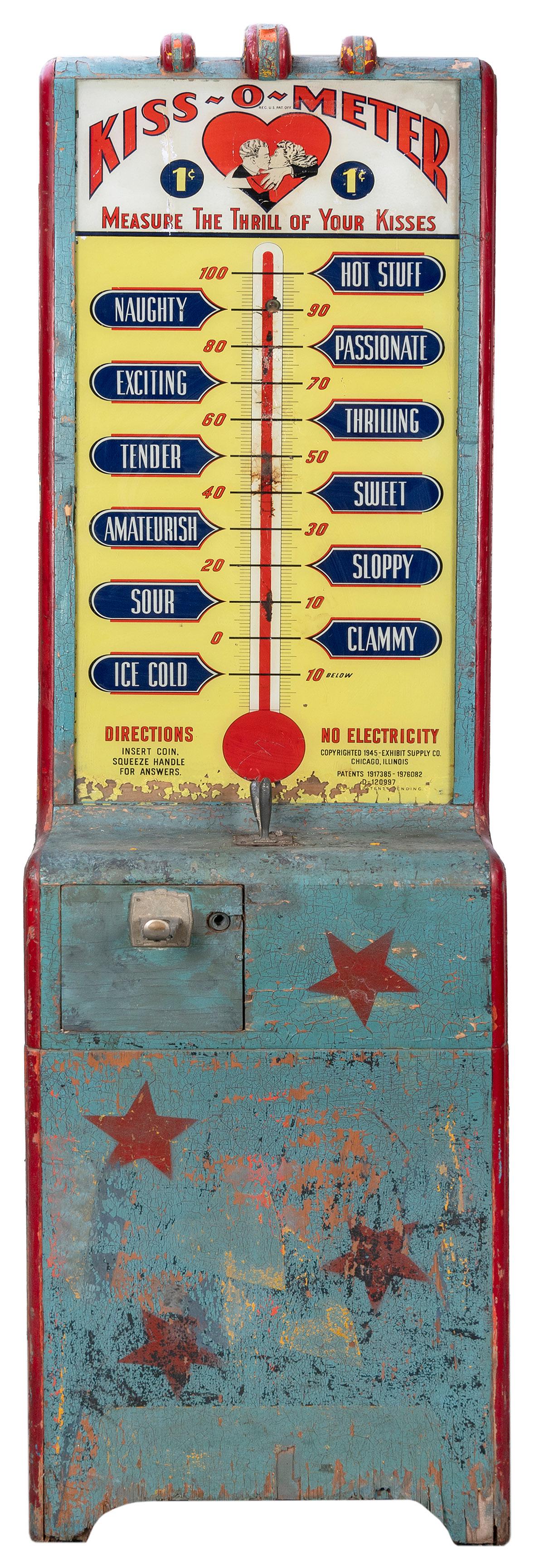 Kiss-O-Meter 1 Cent Love Tester Arcade Machine.: Kiss-O-Meter 1 Cent Love Tester Arcade Machine. Chicago: Exhibit Supply Co., 1945. 79 x 21 x 22”. Chipping and cracking to wood case, wires frayed, paint faded. Not functioning; for restoration.