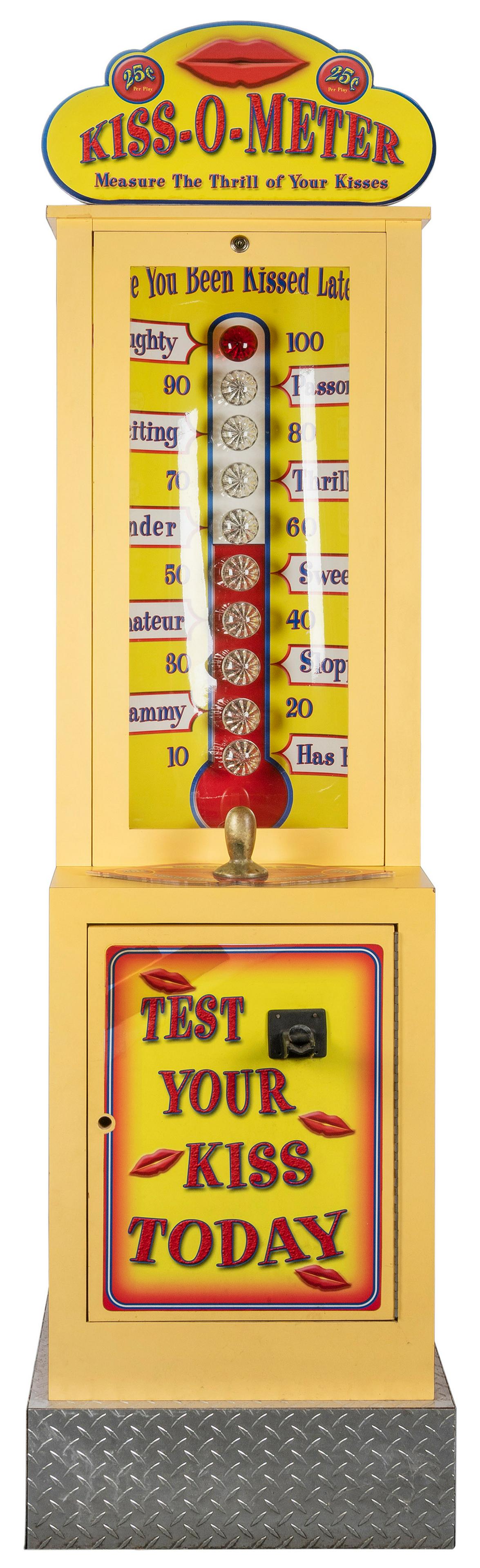 Kiss-O-Meter 25 Cent Machine. Circa 1990s.: Kiss-O-Meter 25 Cent Machine. Circa 1990s. Nostalgic machine invites you to “measure the thrill of your kisses.” 83 x 21 x 20”. Not tested. Third party transportation required.