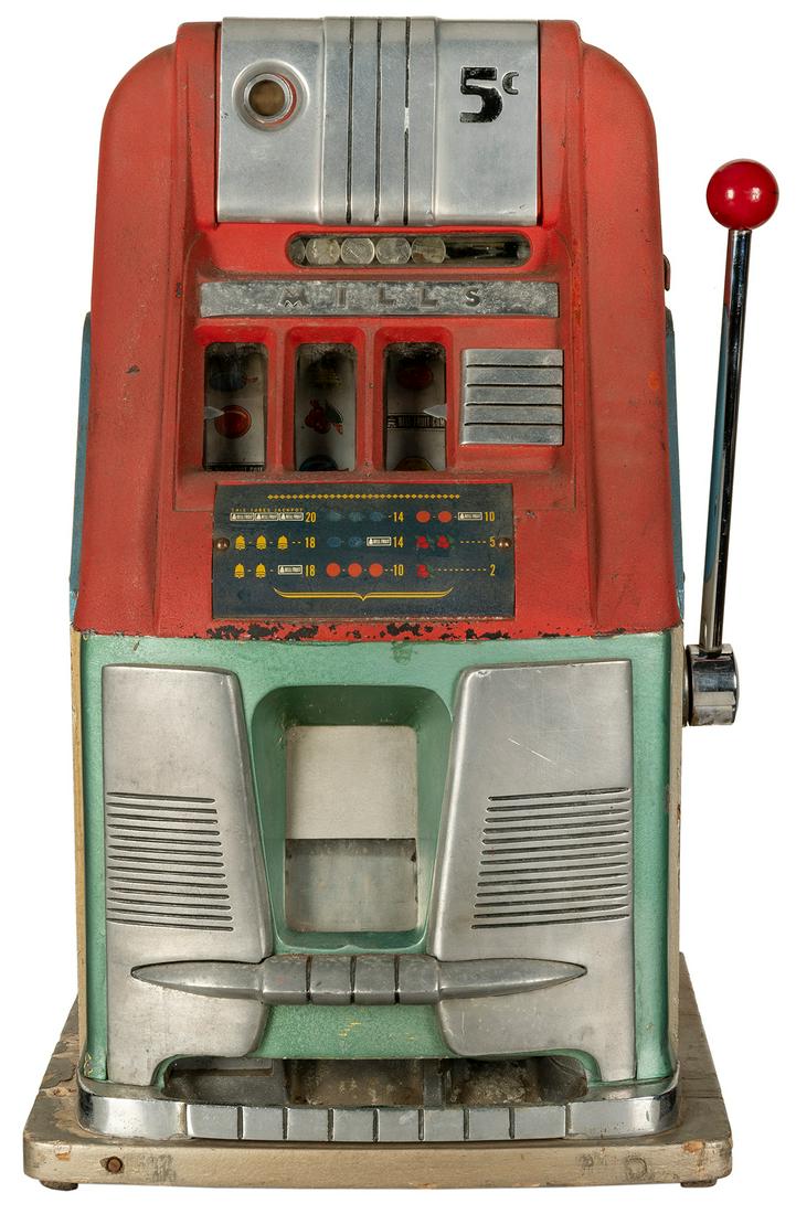 Mills Novelty Co. 5 Cent Hightop Slot Machine. Chicago:: Mills Novelty Co. 5 Cent Hightop Slot Machine. Chicago: ca. 1940s. Designed in Art Deco style. 26 ½ x 15 x 16”. Not functioning. Third party transportation required.