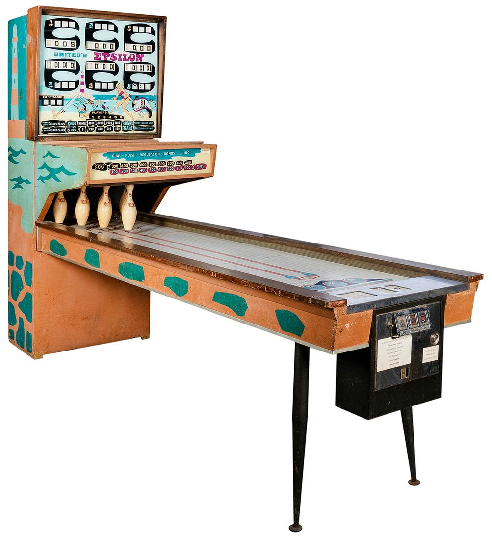 United Amusement Co. Epsilon Shuffle Alley. 1969.: United Amusement Co. Epsilon Shuffle Alley. 1969. Vintage bowling game with original pins. 102 ½ x 29 x 77”. Not tested. Third party transportation required.