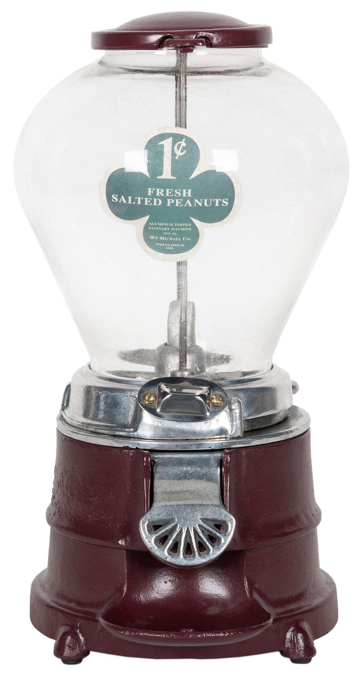 William Michael 1 Cent Peanut Vendor. Circa 1930s.: William Michael 1 Cent Peanut Vendor. Circa 1930s. Uncommon globe shape. All original with wall bracket, base plate. Height 14”. Working. Key included.