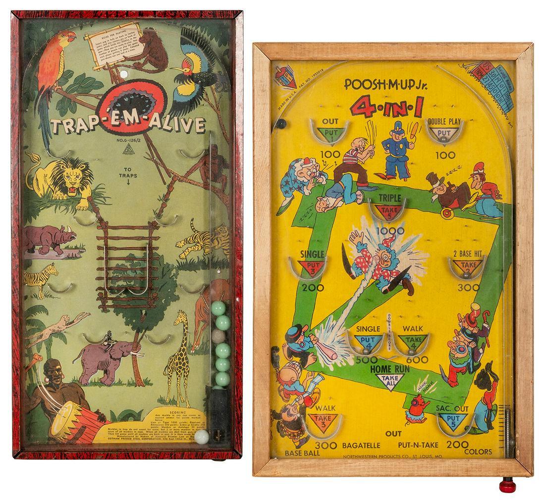 [BAGATELLE]. A pair of vintage games. Circa 1930s.: [BAGATELLE]. A pair of vintage games. Circa 1930s. Including: Poosh-M-Up Jr. St. Louis: Northwestern Products Co. – Trap ‘Em Alive. New York: Gotham Pressed Steel Corp. Largest, 17 x 11