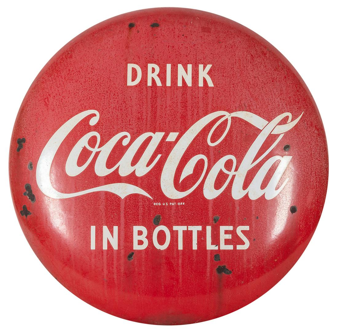 Drink Coca-Cola in Bottles porcelain button sign. Diam.: Drink Coca-Cola in Bottles porcelain button sign. Diam. 24”. Fading, rust, some losses.