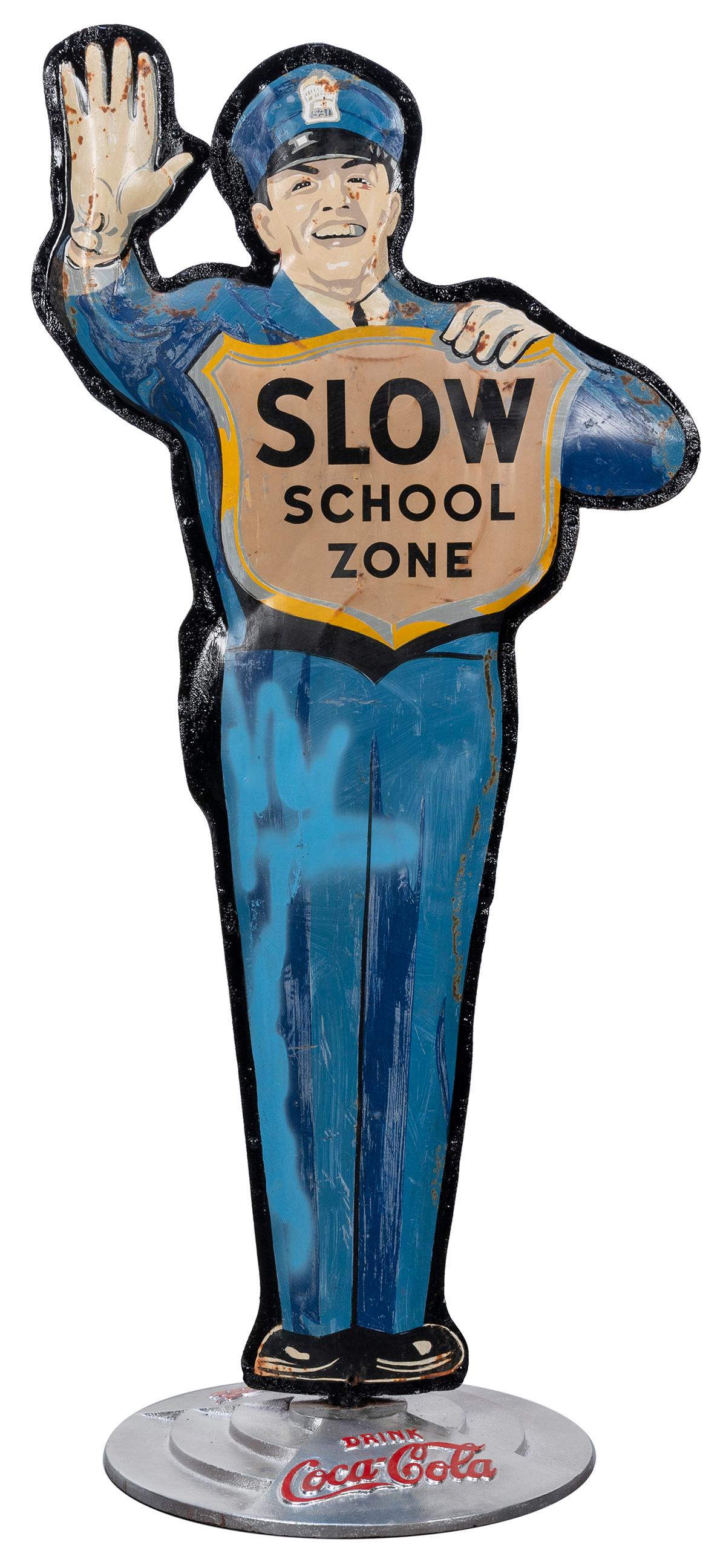 Coca-Cola Slow School Zone metal sign. Height 62”: Coca-Cola Slow School Zone metal sign. Height 62”. Scattered surface scratches, denting. Third party transportation required.