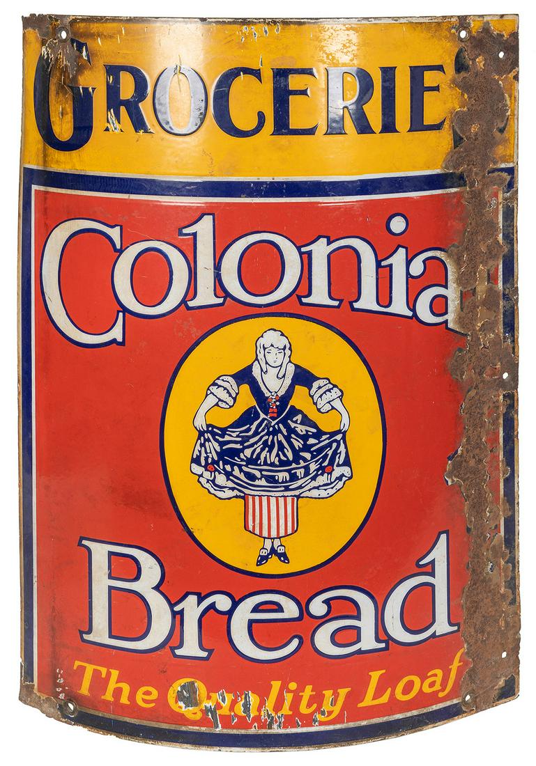 Colonial Bread porcelain convex sign. Circa 1920s. 28 x: Colonial Bread porcelain convex sign. Circa 1920s. 28 x 18”. Rust, flaking.