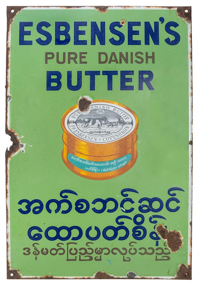 Esbensen’s Pure Danish Butter sign. Early 20th: Esbensen’s Pure Danish Butter sign. Early 20th century. Porcelain sign depicting a jar of Esbensen’s Pure Danish Butter against a light green background. 36 x 23”. Rust, some losses.