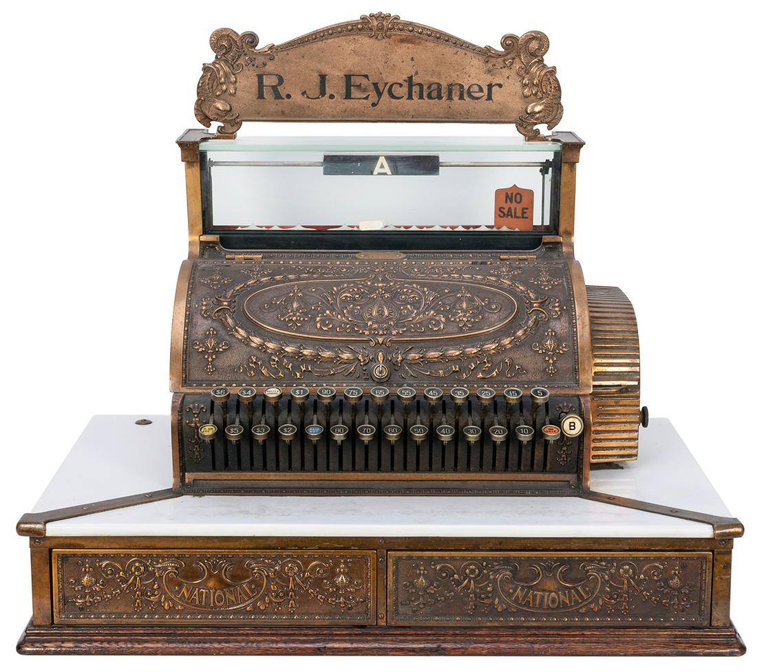 National Cash Register Model #349. Dayton: National: National Cash Register Model #349. Dayton: National Cash Register Co., ca. 1910. Two drawers incorporated into marble-topped extended base, 16 x 26”. Working condition, with keys. A handsome exa