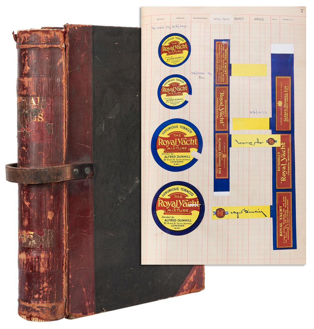 [TOBACCIANA]. Large Sample Book of English and Scottish: [TOBACCIANA]. Large Sample Book of English and Scottish Tobacco Labels. Great Britain, ca. 1930s. Enormous tobacco packaging label sample book. Unusual 300 page 20 x 15” size accounting book, wi