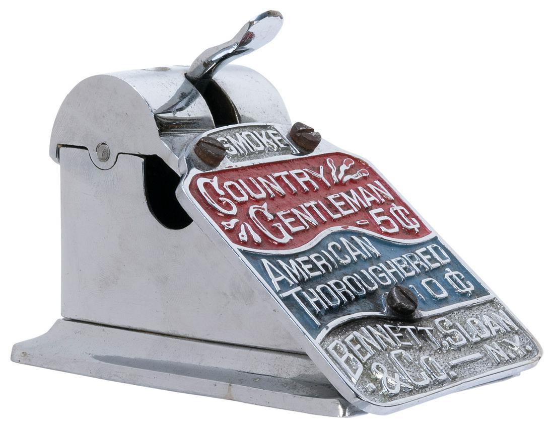 [TOBACCIANA]. Brunhoff Mfg. Co. Cigar Cutter.: [TOBACCIANA]. Brunhoff Mfg. Co. Cigar Cutter. Cincinnati: 1891. Cigar cutter with two different sized holes advertising Country Gentleman and American Thoroughbred cigars. Length, 4 ½”. Wor