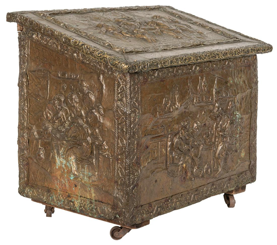 Decorative Coal Storage Box. Late 19th/early 20th: Decorative Coal Storage Box. Late 19th/early 20th century. Wood box with brass repousse imagery. 18 ½ x 20 ½ x 14”. Wear due to age and use.