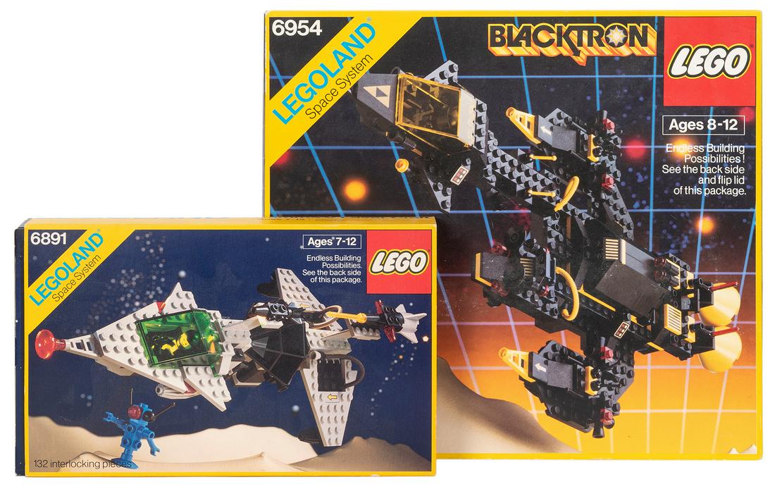 Two Vintage Lego Sets. Including 1987 Lego Blacktron: Two Vintage Lego Sets. Including 1987 Lego Blacktron Renegade 6954 (not checked for completeness, boxed, with instructions); and Lego Gamma-V Laser Craft (lacks mini-figures).