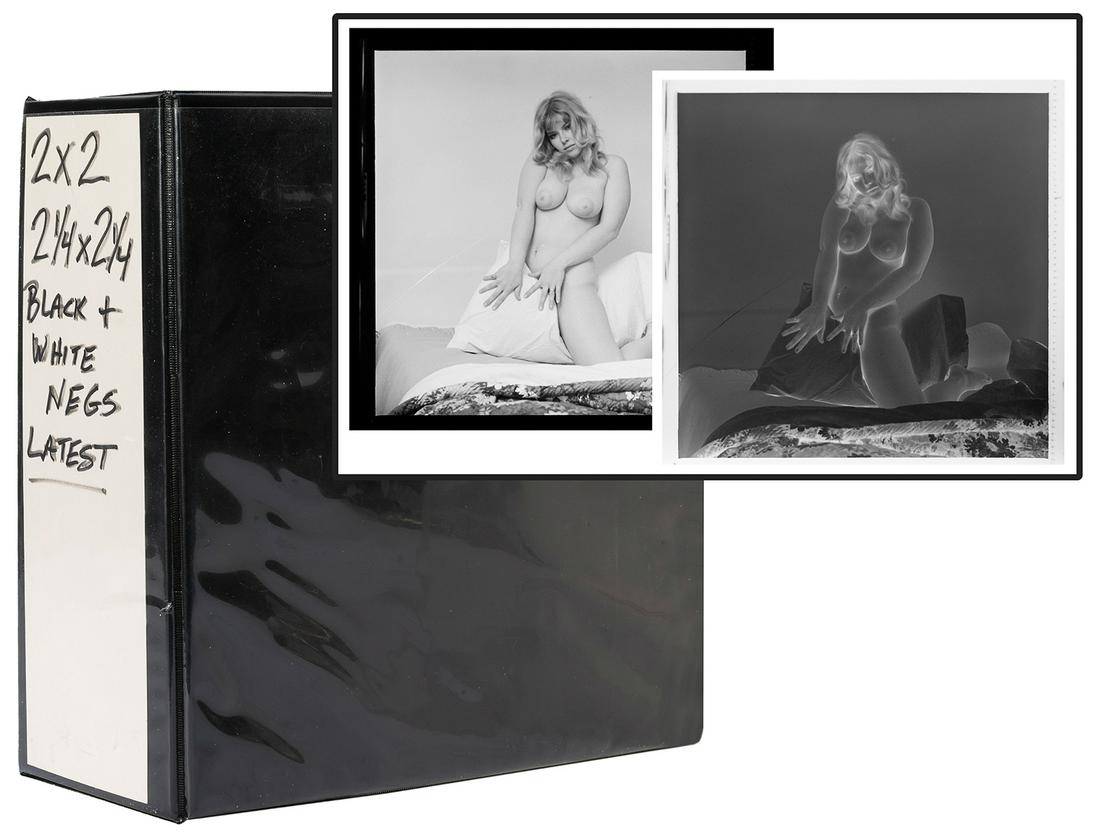 1960s -70s Pin-up Model Photo Negative Collection.: 1960s -70s Pin-up Model Photo Negative Collection. Collection of 190 original 2 x 2” and 2 ¼ x 2 ¼” original black and white photo negatives of pin-up and adult models by various