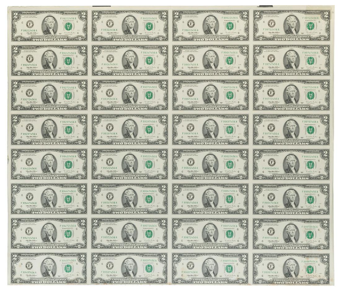 Uncut Sheet of United States $2 (Two Dollar) Bills.: Uncut Sheet of United States $2 (Two Dollar) Bills. Series 1995. 32 bills as issued by the United States Mint. Bottom edge worn; minor soiling. Good.