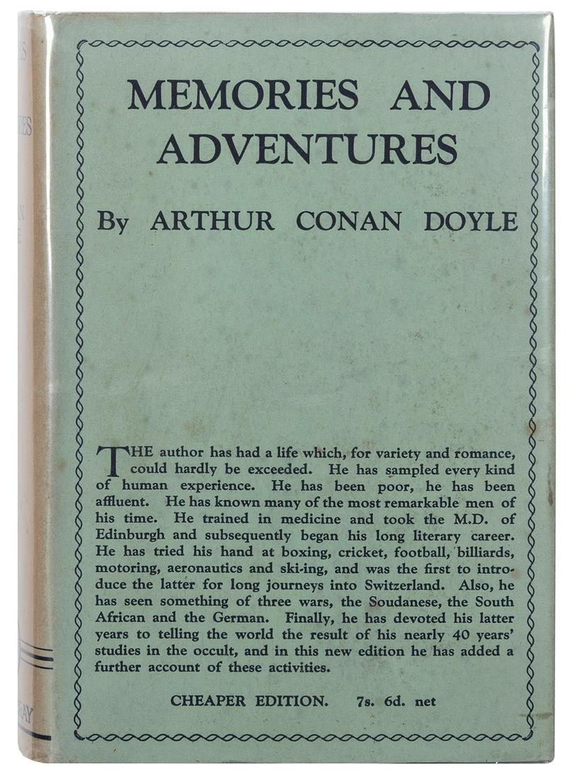 DOYLE, Arthur Conan (1859–1930). Memories and Adventures. L...: DOYLE, Arthur Conan (1859–1930). Memories and Adventures. London: John Murray, [1930]. 8vo. Photographic portrait frontispiece of Doyle. Original publisher’s gilt–lettered blue cloth